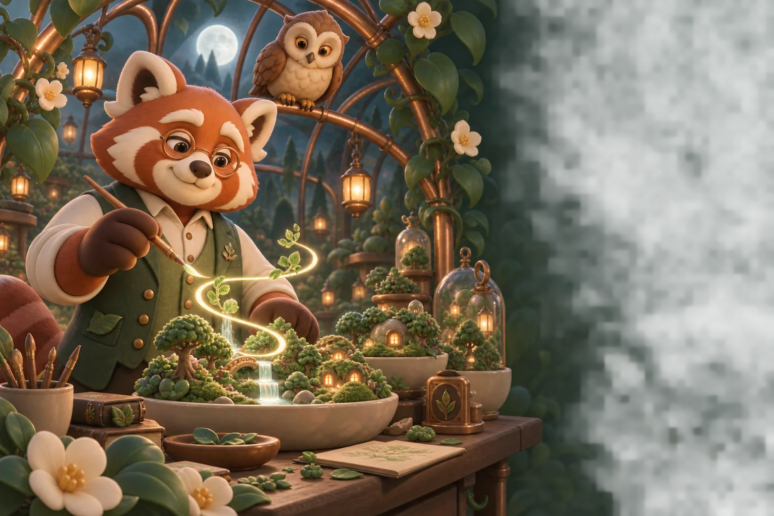 A red panda botanical artist and owl grow miniature game worlds from a luminous brushstroke in a copper glasshouse.